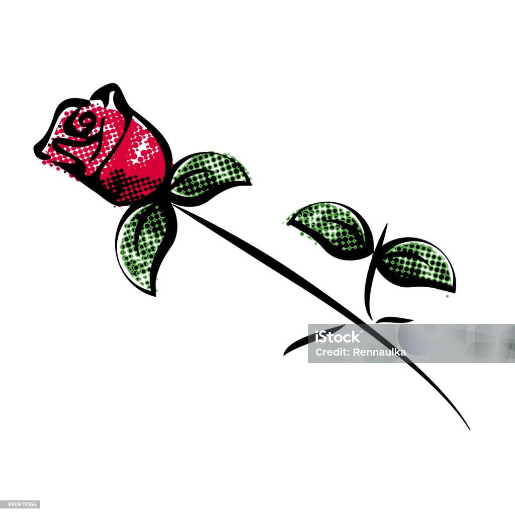 Vector red rose with green leaves on white background. Silhouette with black lines. Decoration bloom  for invitation, Valentines day card or summer offer. Vector red rose with green leaves on white background. Silhouette with black lines. Decoration bloom  for invitation, Valentines day card or summer offer.- illustration Art stock vector