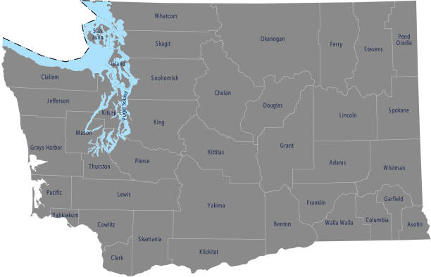 illustrazioni stock, clip art, cartoni animati e icone di tendenza di contorno vettoriale mappa contea di washington con nomi di contee etichettati in sfondo grigio - seattle map washington state harbor