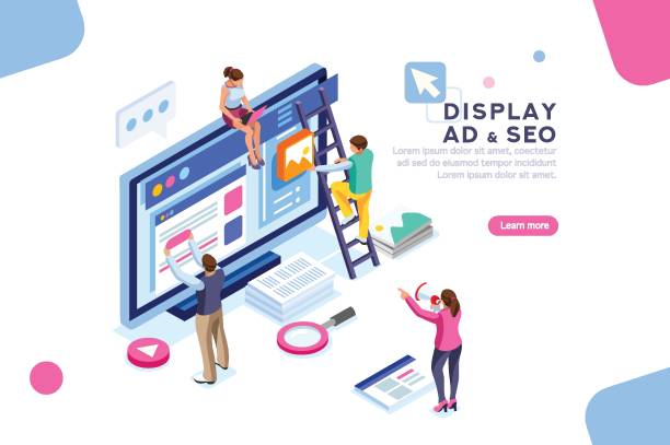 Display Campaign Flat Isometric Banner Coding people team work together. Seo optimization for target searching process. Pay click social content development tool. Flat Isometric characters vector illustration. Display campaign. digital viewfinder stock illustrations