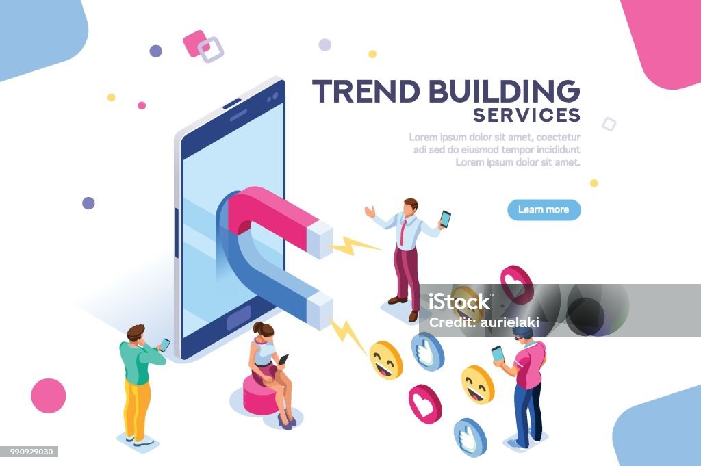 Social Media Concept Flat Isometric Social media concept with characters. Followers follow social trend, people talking and share a chat, tag or post comment online. Characters isometric flat illustration isolated on white background. Isometric Projection stock vector