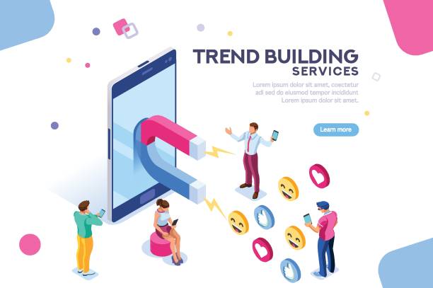 Social Media Concept Flat Isometric Social media concept with characters. Followers follow social trend, people talking and share a chat, tag or post comment online. Characters isometric flat illustration isolated on white background. photo messaging illustrations stock illustrations