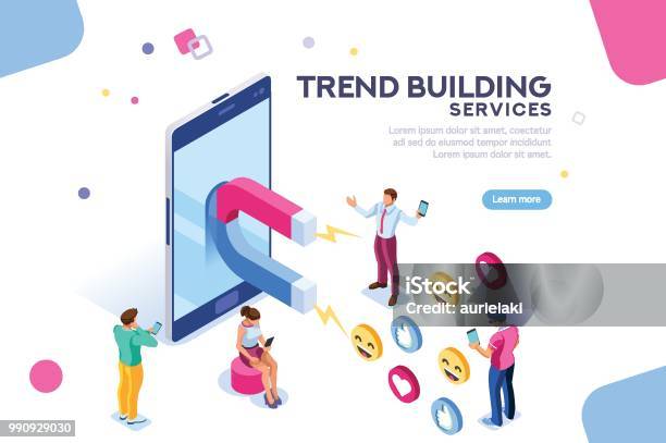 Social Media Concept Flat Isometric Stock Illustration - Download Image Now - Isometric Projection, Social Media, Mobile Phone