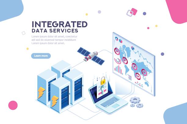 глобальный центр обработки данных изометрическое знамя - network connection plug globe connection earth stock illustrations