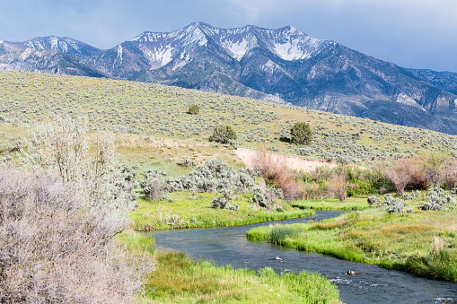 Landscape of early spring with green hills and river, mountains with last bits of snow.