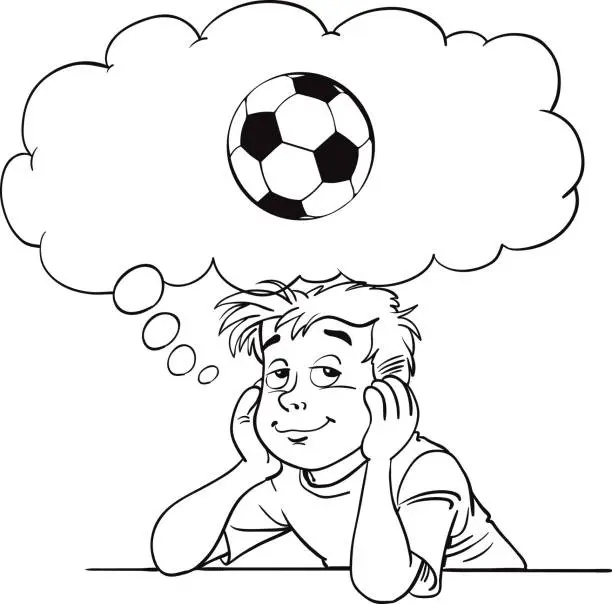 Vector illustration of Little boy  dreams about football.