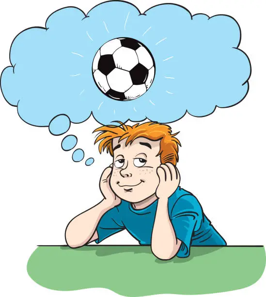 Vector illustration of Little boy  dreams about football.