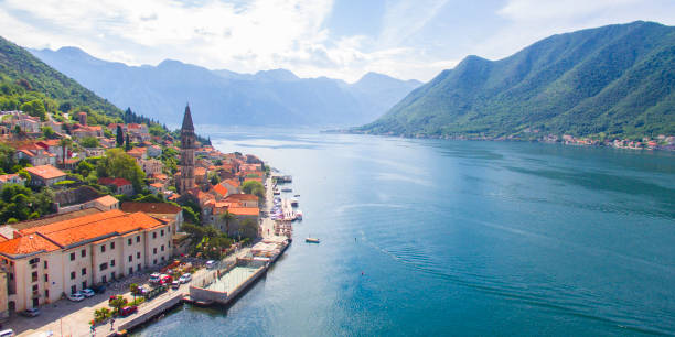 Perast Aerial view of Perast and Kotor bay in Montenegro. montenegro stock pictures, royalty-free photos & images