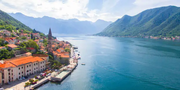 Aerial view of Perast and Kotor bay in Montenegro.