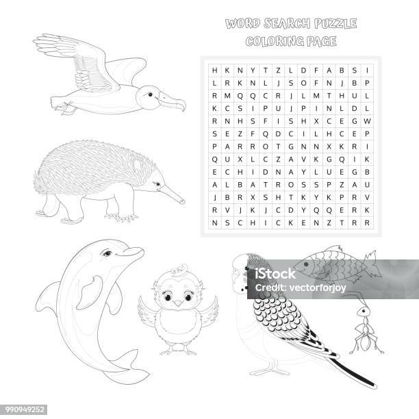 Word Search Puzzle Coloring Book Page Vector Education Game For Children  About Animals Worksheet For Kids Printable Version Vector Illustration  Stock Illustration - Download Image Now - iStock