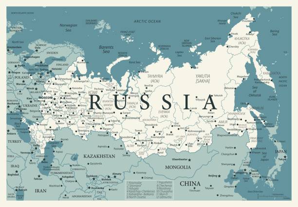 23 - Russia - Vintage Murena 10 Map of Russia - Vintage Vector illustration green map of norway stock illustrations