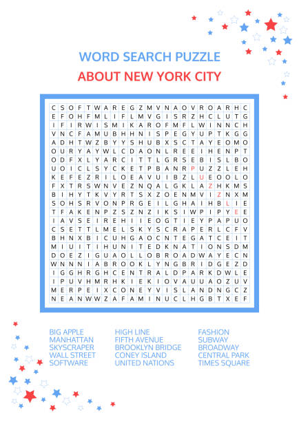 ilustrações de stock, clip art, desenhos animados e ícones de word search puzzle. vector game about new york city. worksheet for adults, teenagers and children. colorful printable version. famous city of the united states of america. advanced level of complexity - brooklyn new york city bridge new york state