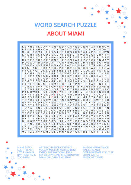 Word search puzzle. Vector game about Miami. Worksheet for adults, teenagers and children.  Advanced level of complexity. Colorful printable version. Famous city of the United States of America. USA. Word search puzzle. Vector game about Miami. Worksheet for adults, teenagers and children.  Advanced level of complexity. Colorful printable version. Famous city of the United States of America. USA. art deco miami stock illustrations