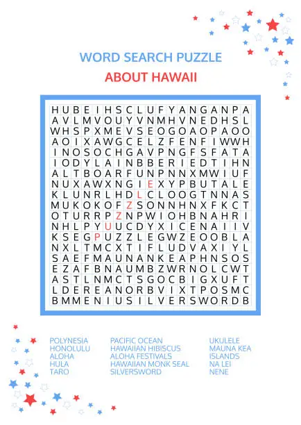 Vector illustration of Word search puzzle. Vector game about HAWAII. Worksheet for adults, teenagers and children. Middle level of complexity. Colorful printable version. Famous state of the United States of America. USA.