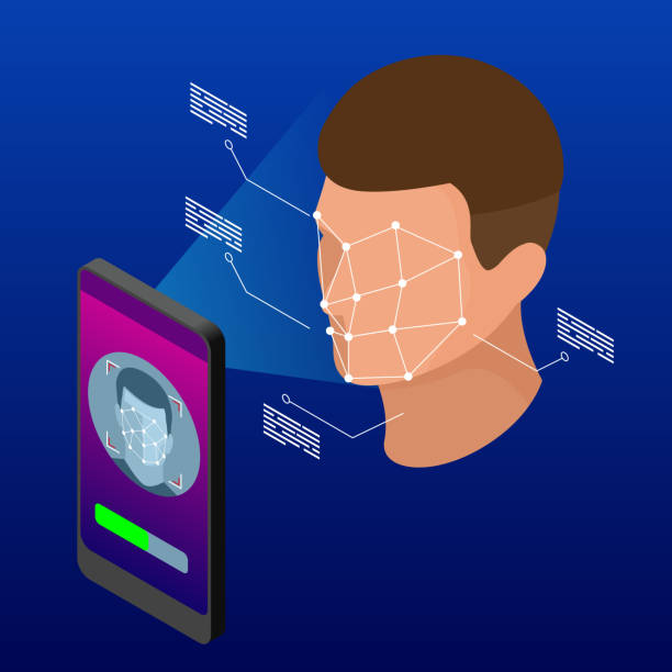 illustrazioni stock, clip art, cartoni animati e icone di tendenza di smartphone di sblocco isometrico con identificazione biometrica del volto, identificazione biometrica, concetto di sistema di riconoscimento facciale. illustrazione vettoriale per le aziende, infografica, banner - riconoscimento facciale