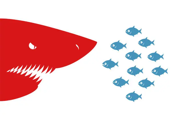 Vector illustration of Small fishes and shark