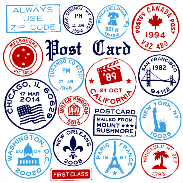 illustrazioni stock, clip art, cartoni animati e icone di tendenza di francobolli di riferimento di viaggio - timbro postale