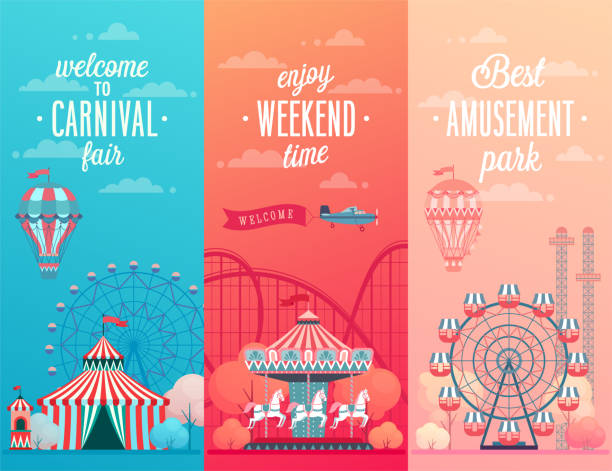 ilustrações, clipart, desenhos animados e ícones de conjunto de bandeiras de paisagem do parque de diversões com carrosséis, - carnival