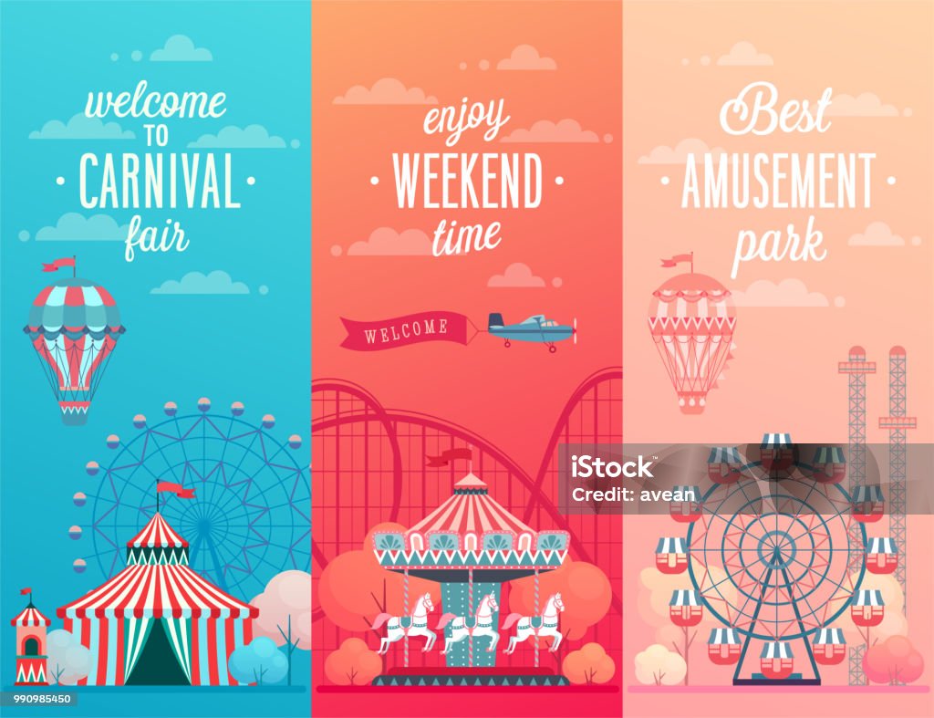 Set of Amusement park landscape banners with carousels, Set of Amusement park landscape banners with carousels, roller coaster and air balloon. Circus, Fun fair and Carnival theme vector illustration. Traveling Carnival stock vector