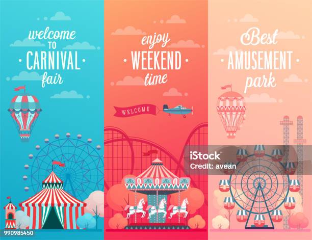 Set Of Amusement Park Landscape Banners With Carousels Stock Illustration - Download Image Now