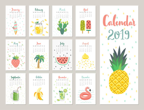 ilustraciones, imágenes clip art, dibujos animados e iconos de stock de calendario 2019. lindo calendario mensual con objetos de estilo de vida, frutas y plantas. - backgrounds banana berry fruit blended drink