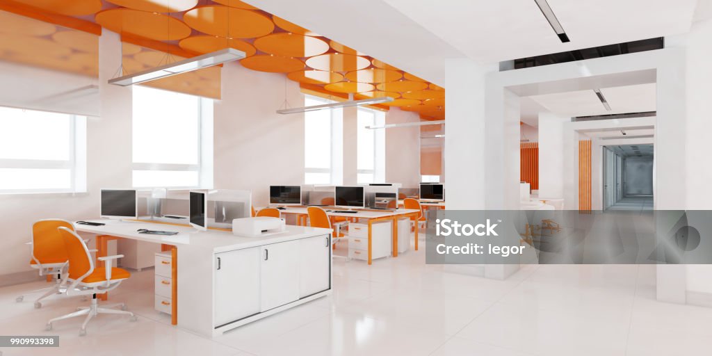 Perspective view of a color office interior with a row of white tables. 3d rendering. Perspective view of a color office interior with a row of white tables standing under large windows. 3d rendering. Office Stock Photo