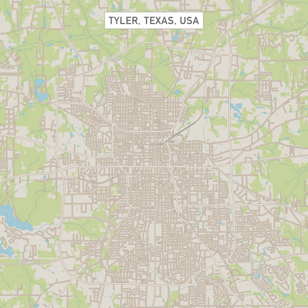 Vector Illustration of a City Street Map of Tyler, Texas, USA. Scale 1:60,000.All source data is in the public domain.U.S. Geological Survey, US TopoUsed Layers:USGS The National Map: National Hydrography Dataset (NHD)USGS The National Map: National Transportation Dataset (NTD)