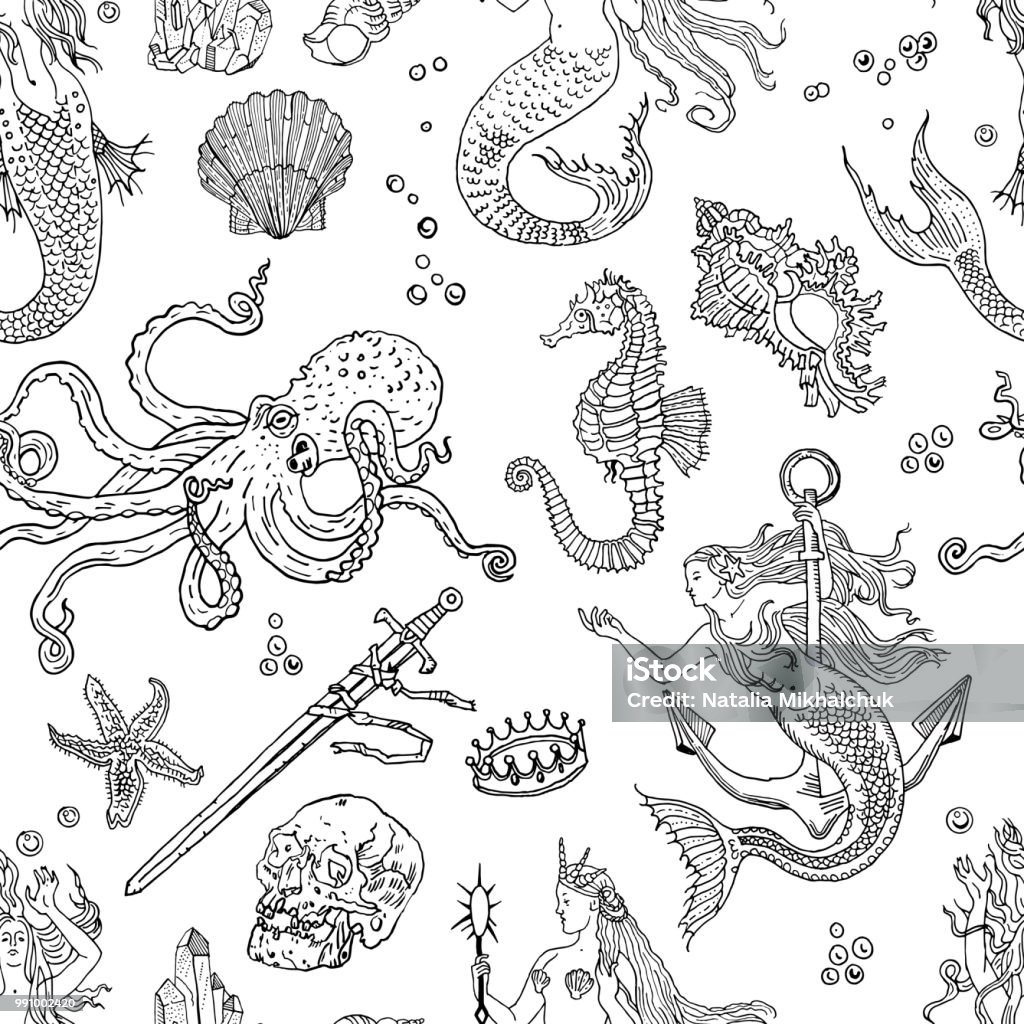 Vintage fantasy nautical seamless pattern: mermaid, underwater treasures, octopus, shell, starfish, anchor, drowned sword, crown, skull, crystal, sea horse. Retro tattoo style hand drawn illustration. Mermaid stock vector
