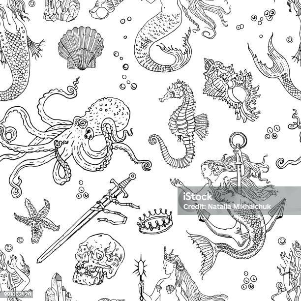 Vintage Fantasy Nautical Seamless Pattern Mermaid Underwater Treasures Octopus Shell Starfish Anchor Drowned Sword Crown Skull Crystal Sea Horse Retro Tattoo Style Hand Drawn Illustration Stock Illustration - Download Image Now