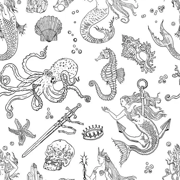 Vector illustration of Vintage fantasy nautical seamless pattern: mermaid, underwater treasures, octopus, shell, starfish, anchor, drowned sword, crown, skull, crystal, sea horse. Retro tattoo style hand drawn illustration.