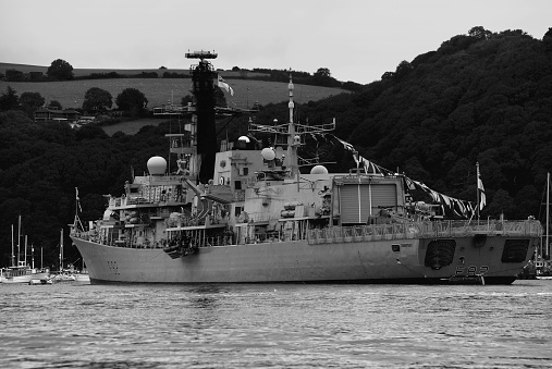 Dartmouth, Devon/England - September 13 2013: HMS Somerset acting as training vessel for Dartmouth naval collage cadets, while moored on River Dart