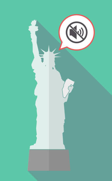 ilustraciones, imágenes clip art, dibujos animados e iconos de stock de larga sombra estatua de la libertad con un altavoz en un no permitido señal - statue liberty audio