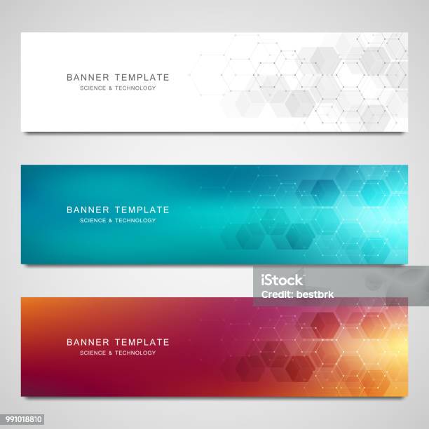 Vector Banners For Medicine Science And Digital Technology Geometric Abstract Background With Hexagons Design Molecular Structure And Chemical Compounds Stock Illustration - Download Image Now