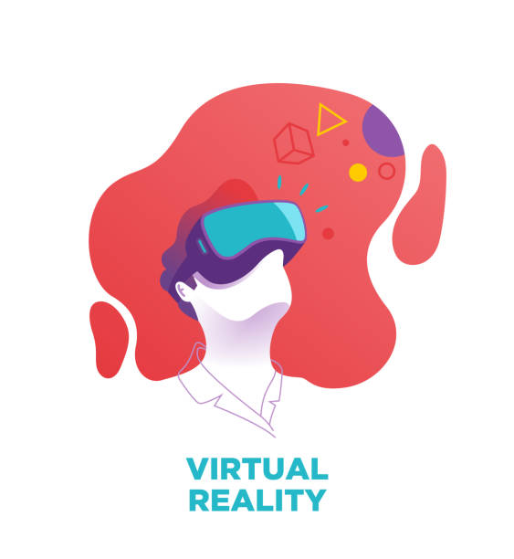 bildbanksillustrationer, clip art samt tecknat material och ikoner med man bär en vr, virtual reality glasögon, glasögon. vektor illustration, blå, lila glas, röd bakgrund. digital, vr-glasögon, 360 graders-vy, cyber, 3d, virtuell verklighet digital enhet, vr-glasögon - cool people
