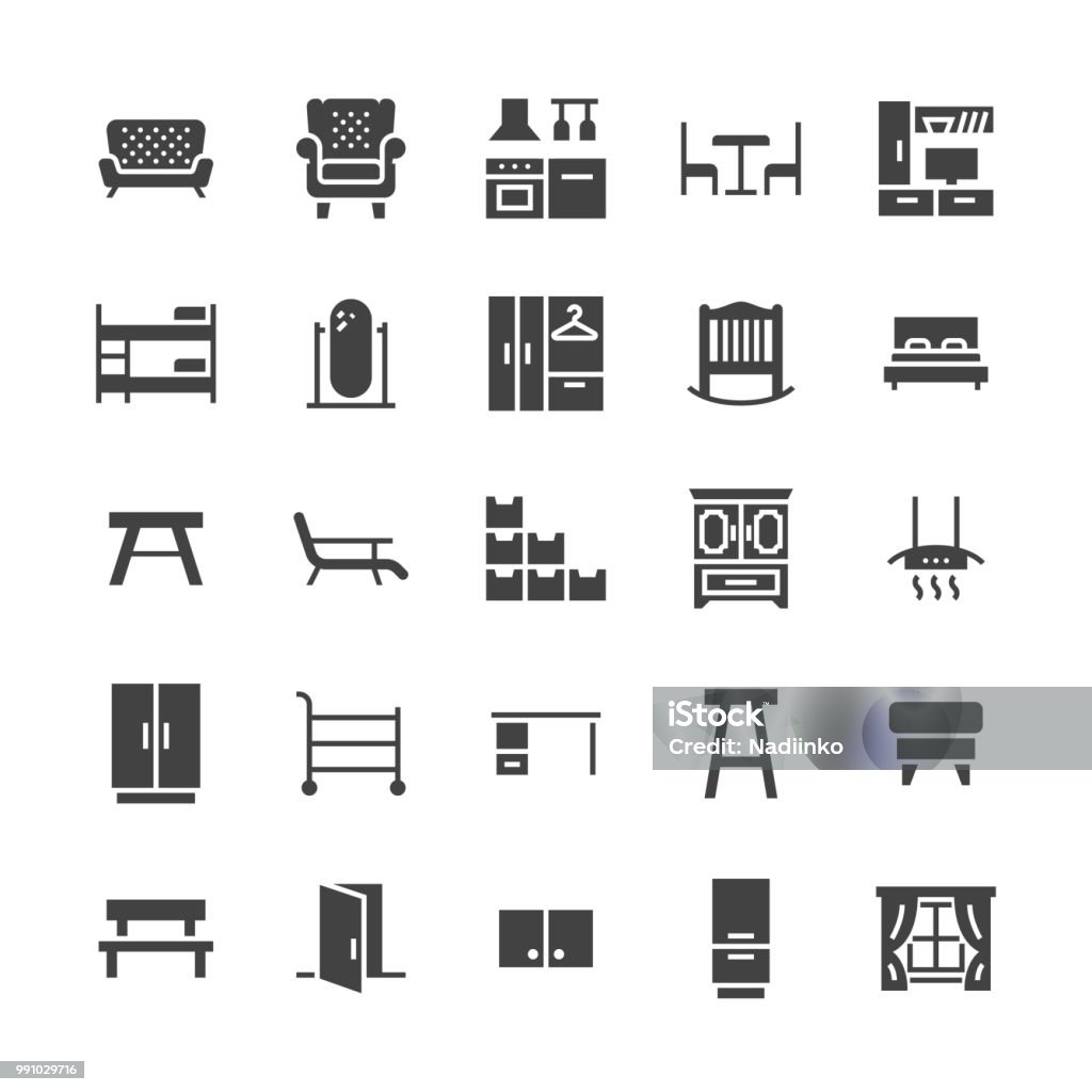 Furniture vector flat glyph icons. Living room tv stand, bedroom, baby crib, kitchen exhaust hood, sofa, nursery, dining table, door window. Signs interior store. Solid silhouette pixel perfect 48x48 Furniture vector flat glyph icons. Living room tv stand, bedroom, baby crib, kitchen exhaust hood, sofa, nursery, dining table, door window. Signs interior store. Solid silhouette pixel perfect 48x48. Icon Symbol stock vector