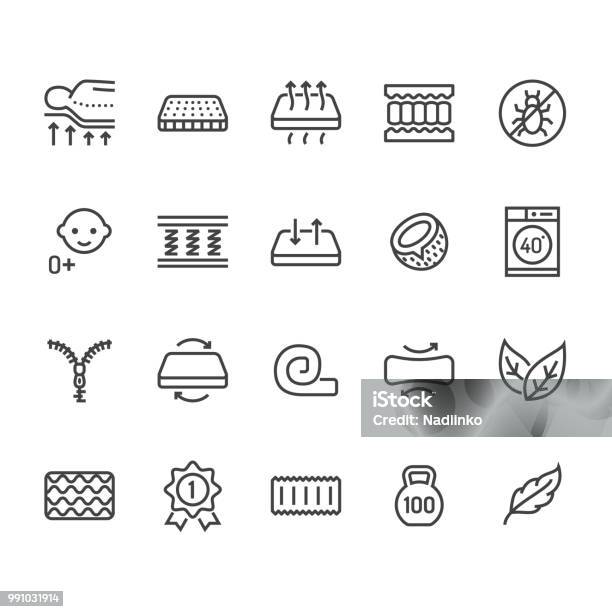 Orthopedic Mattress Flat Line Icons Mattresses Properties Anti Dust Mite Spine Support Washable Cover Breathable Memory Foam Bedding Illustrations Pixel Perfect 48x48 Editable Strokes Stock Illustration - Download Image Now