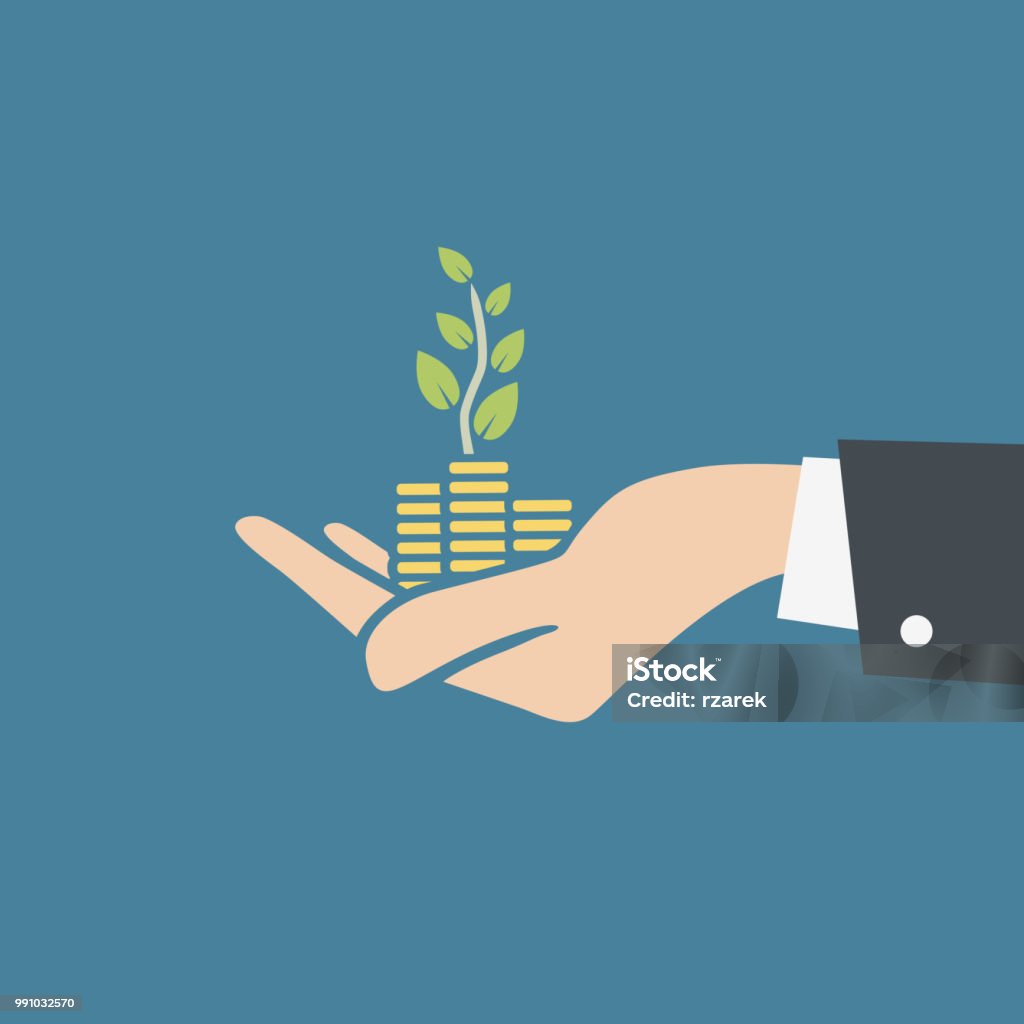 Vector illustration of human hand holding stacks of coins and growth plant. Transparent background, ready to use. - Royalty-free Apoio arte vetorial