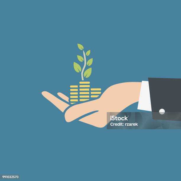 Vector Illustration Of Human Hand Holding Stacks Of Coins And Growth Plant Transparent Background Ready To Use - Arte vetorial de stock e mais imagens de Apoio