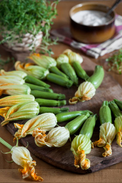 relleno flores de calabacín - zucchini flower squash summer fotografías e imágenes de stock
