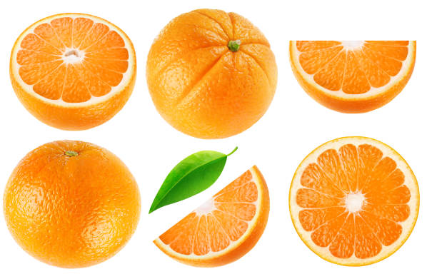 Isolated orange collection Isolated oranges collection. Whole orange fruits and cut into pieces isolated on white background with clipping path orange-isolated stock pictures, royalty-free photos & images
