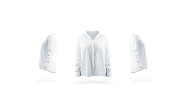 istock Blank white woman shirt mock up, front and sides 991042898