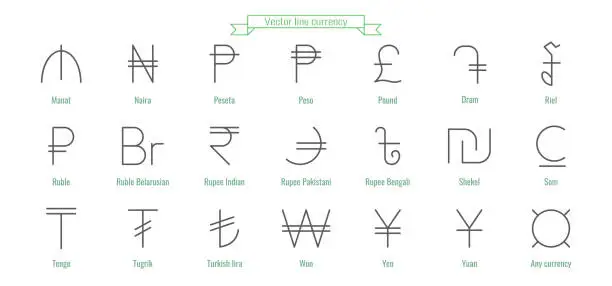 Vector illustration of Currency icons. Money signs of different countries