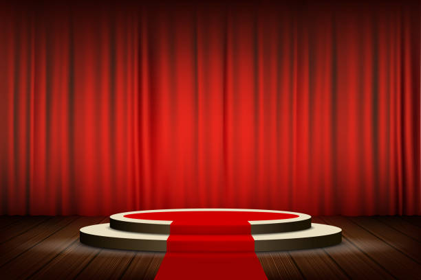 Red carpet on the round podium with steps Red carpet on the round podium with steps. Velvet curtain on stage. Stock vector illustration. red carpet stock illustrations