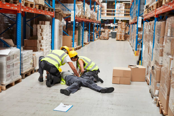 Dangerous accident during work. First aid Woman lying on the floor. Accident in warehouse first aid photos stock pictures, royalty-free photos & images