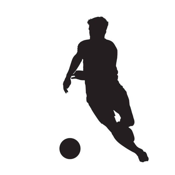 fußballspieler läuft mit ball, vorderansicht. isolierte vektorsilhouette - sports equipment team sport sport illustration and painting stock-grafiken, -clipart, -cartoons und -symbole