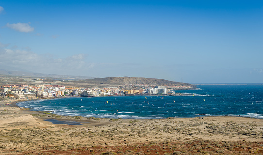 El Medano bay - popular kiteserfing and windsurfing spot. Spain, Canary islands, Tenerife.