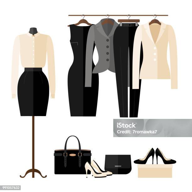 Women Clothing Store Interior With Business Clothes In Flat Style Stock Illustration - Download Image Now