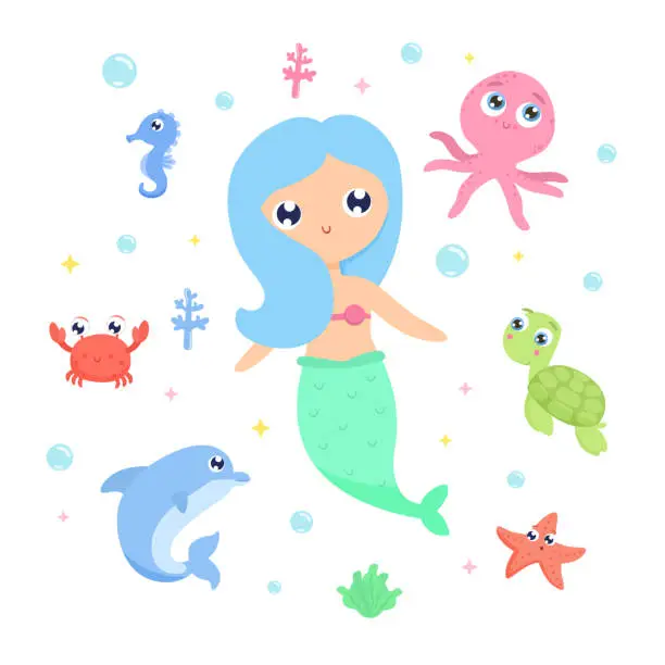 Vector illustration of Mermaid with sea animals vector illustration