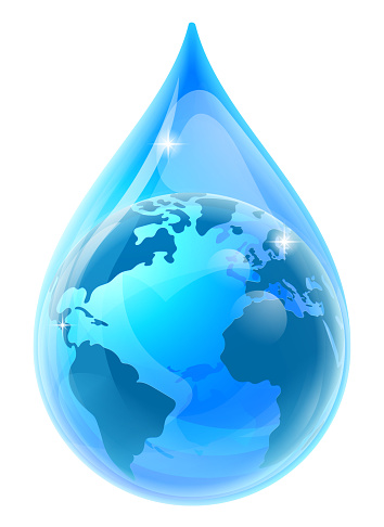 Water or rain drop droplet with a world earth globe inside concept