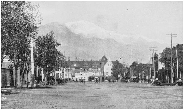 Antique photograph of America's famous landscapes: Pike's Peak from Colorado Springs Antique photograph of America's famous landscapes: Pike's Peak from Colorado Springs colorado springs photos stock illustrations