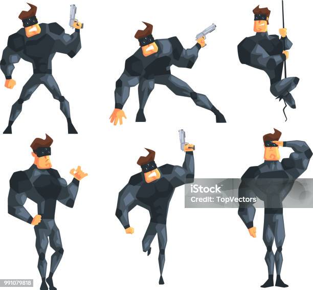 Secret Agent In Different Actions Posing With Gun Hanging On Rope Running  And Saluting Muscular Man In Costume And Mask Flat Vector Set Stock  Illustration - Download Image Now - iStock